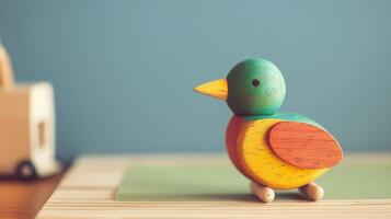 A colorful wooden albatross toy sits on a desk photo