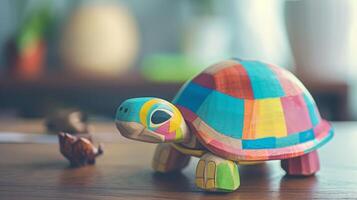 A colorful wooden turtle toy sits on a desk photo