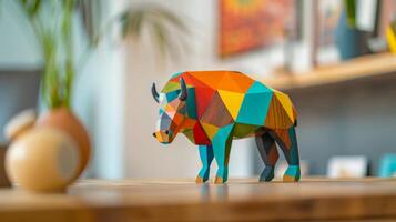 A colorful wooden bison figurine stands on a desk, ready to inspire creativity photo