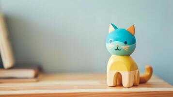 A colorful wooden cat toy sits on a desk, ready for fun photo
