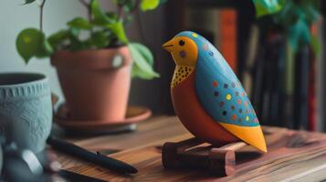 A vibrant wooden bird toy sits on a desk, ready for imaginative play photo