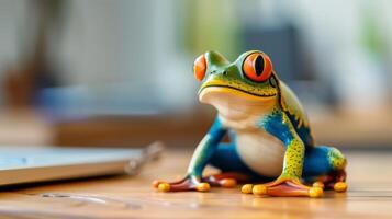 A wooden frog toy sits on a desk, ready for a day of fun photo