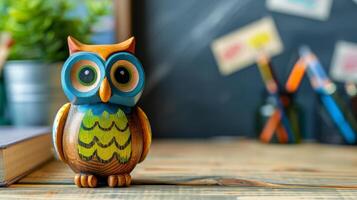 A colorful wooden owl toy sits on a desk with a book and pencils in the background photo