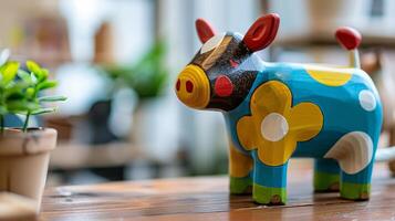 A brightly colored wooden cow toy stands on a desk photo