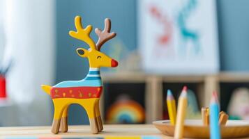A colorful wooden deer toy sits on a desk with pencils and a wooden plate photo
