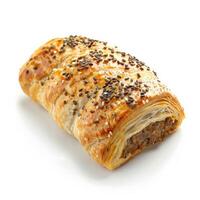 Golden-brown sausage roll on white background, ready to eat photo