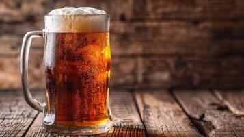 Root beer in glass mug with foam on table photo