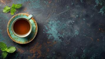 A cup of tea with fresh mint leaves on a rustic background photo