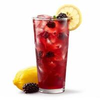 A tall glass filled with blackberry lemonade, ice, and a lemon wedge photo