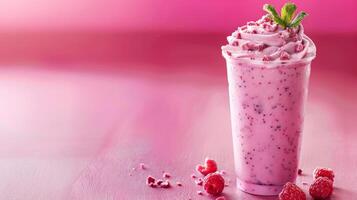 A pink berry smoothie topped with whipped cream and a mint sprig photo