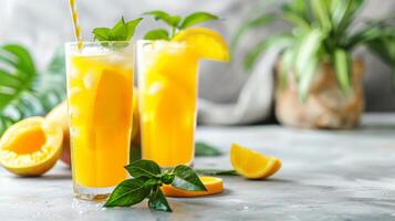 Two mango lemonades with ice, orange slices, and green plants photo