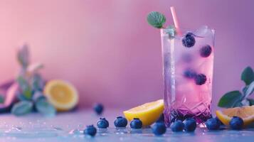 Blueberry lemonade in a tall glass, garnished with mint and ice photo
