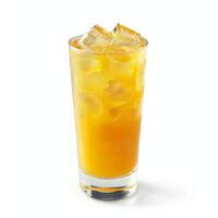 A tall glass filled with orange juice and ice cubes, ready to quench thirst photo
