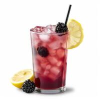 A tall glass of blackberry lemonade with ice, a lemon wedge, and a blackberry garnish photo