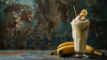 A refreshing banana smoothie with whipped cream and a banana garnish photo