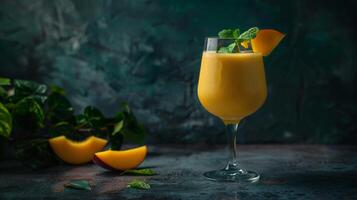 A glass of mango lassi with a mint garnish sits on a dark background photo