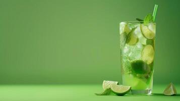 Virgin mojito with lime, mint, and ice on green background photo