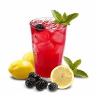 A tall glass of blackberry lemonade with ice, mint, and lemon slices photo