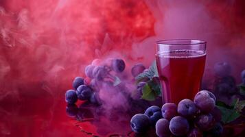 Prune juice, grapes, and greenery on red background photo