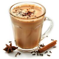 A steaming cup of masala chai with cinnamon and star anise photo