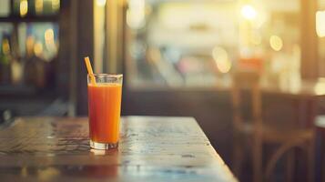 A glass of carrot juice with a straw sits on a cafe table in the warm afternoon sunlight photo