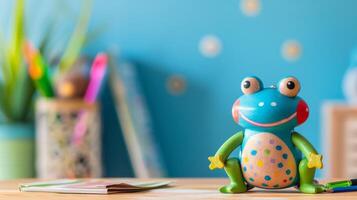 A colorful wooden frog toy sits on a desk with a notebook and pens nearby photo