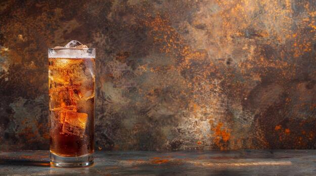 A tall glass of root beer with ice, on a rusty, textured background photo