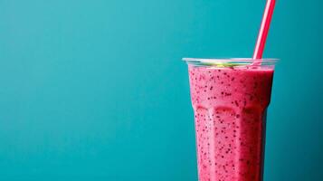 A glass of pink smoothie with a straw sits against a vibrant blue background photo