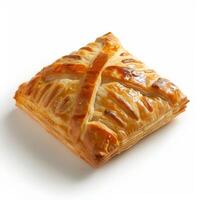 A freshly baked puff pastry pocket, golden brown and flaky, sits on a white background photo