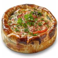 A freshly baked gazpacho torta with a golden crust and a topping of fresh parsley photo