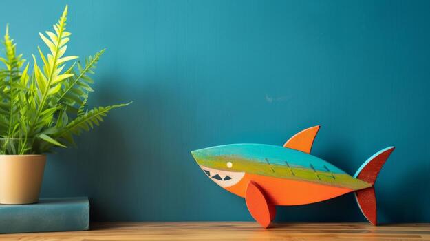 A vibrant wooden shark toy sits on a desk with a potted fern in the background photo