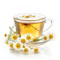 A glass cup of chamomile tea with fresh chamomile flowers photo