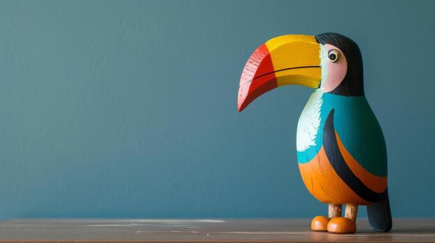 A colorful wooden toucan toy sits on a desk photo