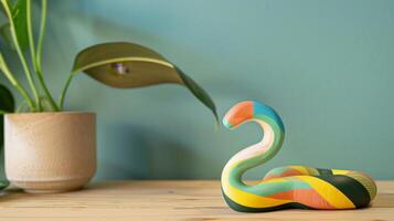 A colorful wooden snake toy on a wooden desk with a potted plant photo