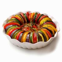 Freshly baked ratatouille with sliced veggies in white dish photo