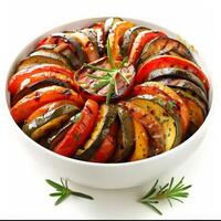Grilled vegetables, arranged in a spiral, in a white bowl with rosemary garnish photo