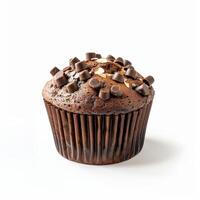 A freshly baked chocolate chip muffin sits on a white background, ready to be enjoyed photo