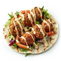 Falafel wrap with tahini sauce, fresh greens, and vegetables photo