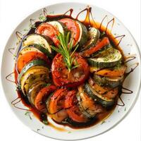 Grilled veggies on white plate with balsamic photo