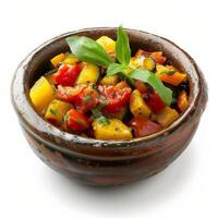 A rustic bowl overflowing with colorful ratatouille, garnished with fresh basil photo