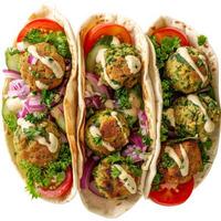Three falafel tacos filled with fresh vegetables and creamy sauce photo