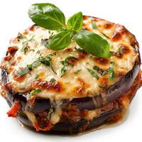 Close-up of eggplant parmesan with melted cheese and fresh basil photo