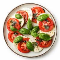 Mozzarella, tomatoes, and basil on a plate photo