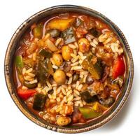 A close-up shot of a bowl filled with a vibrant vegetarian gumbo photo