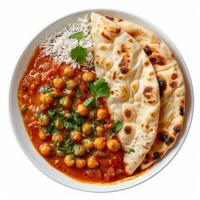 Chickpea curry, rice, and naan bread in a white bowl photo