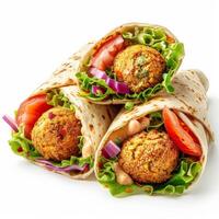 Three falafel wraps with fresh vegetables and creamy sauce photo