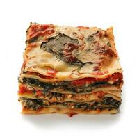 A single serving of lasagna with layers of spinach and cheese, ready to be enjoyed photo