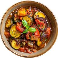 A close-up view of a bowl of Ratatouille, a flavorful vegetarian dish photo