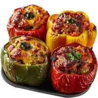 Four colorful bell peppers stuffed, topped with cheese, ready to eat photo