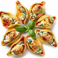 Golden brown shells filled with spinach, ricotta, and tomato sauce photo